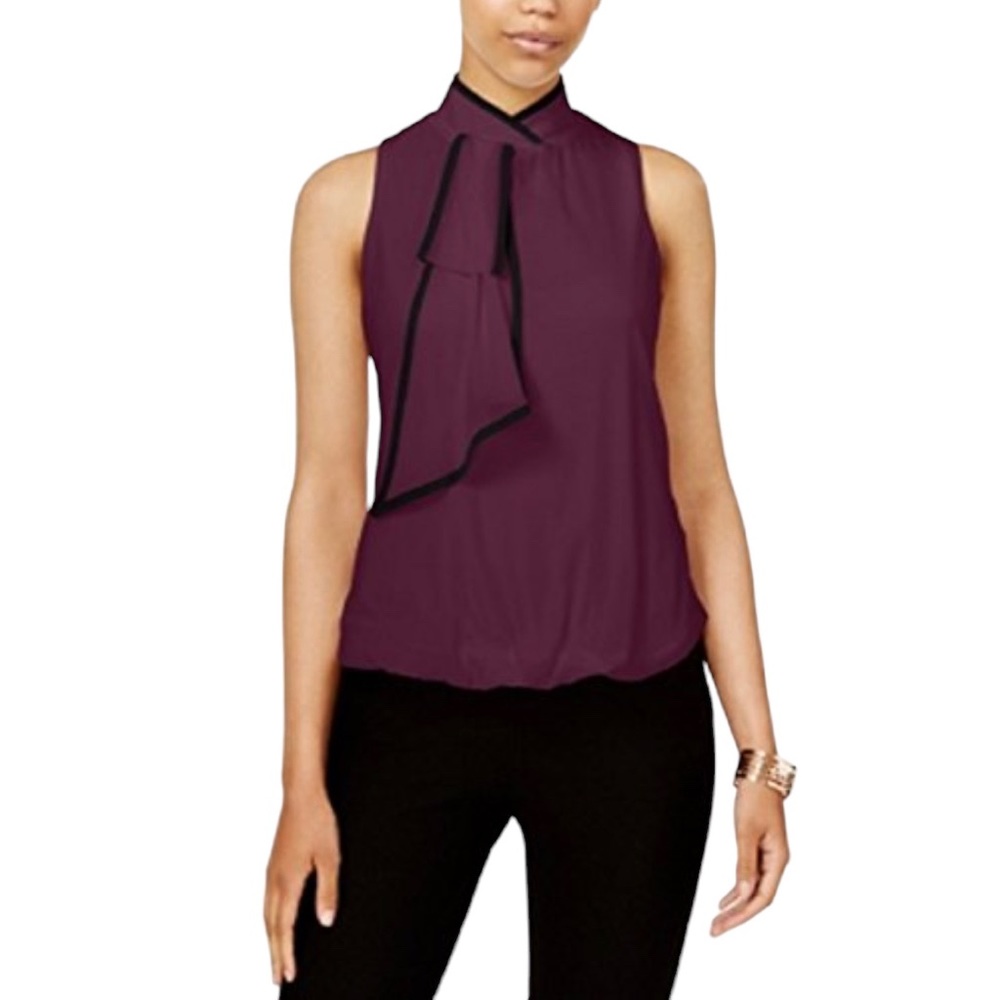 NWT BCX Juniors' Piped Ascot Bubble Top Tie-Front Top (Bordeaux, XS)